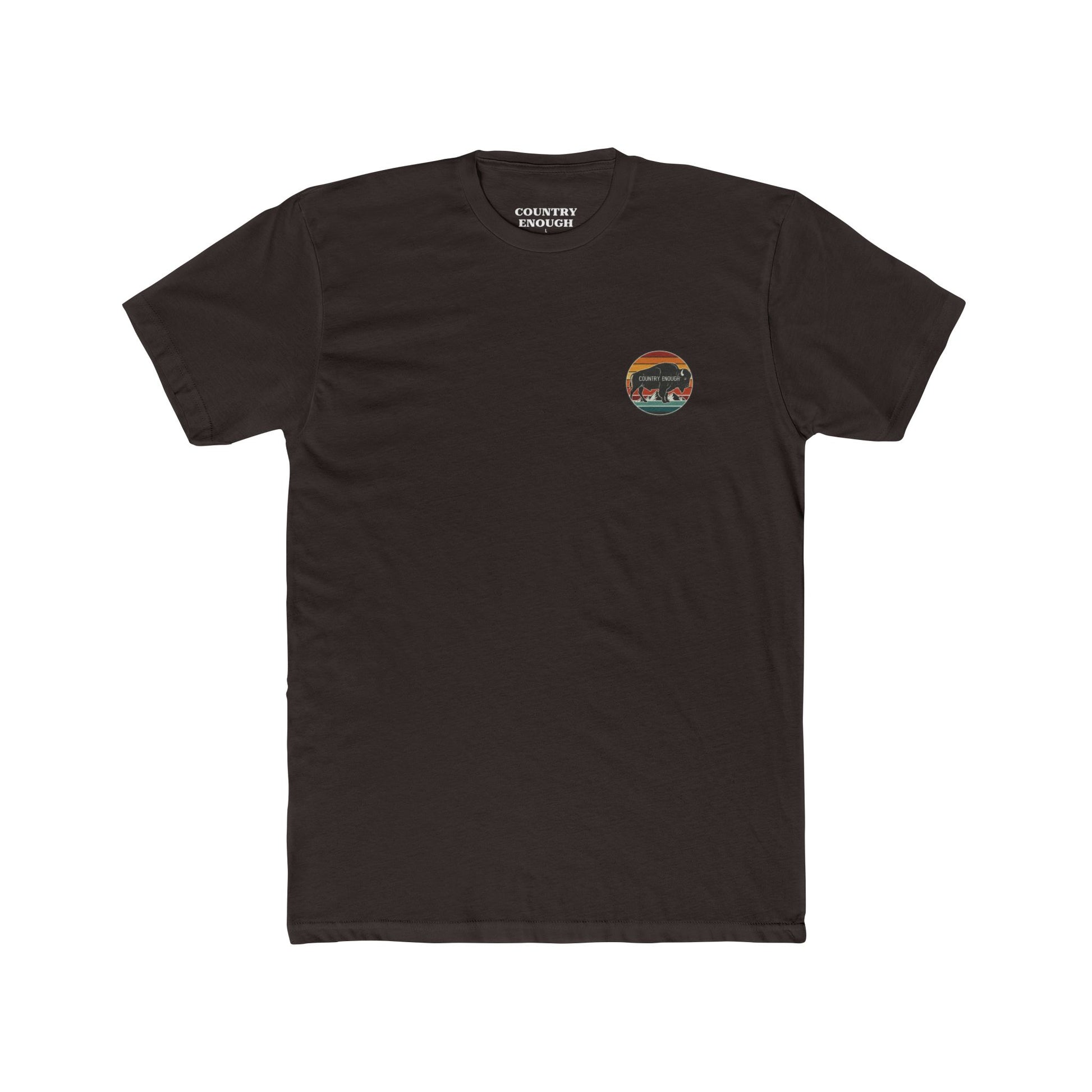 Dark Brown t-shirt with a bison, sunset and mountain landscape graphic #darkbrown