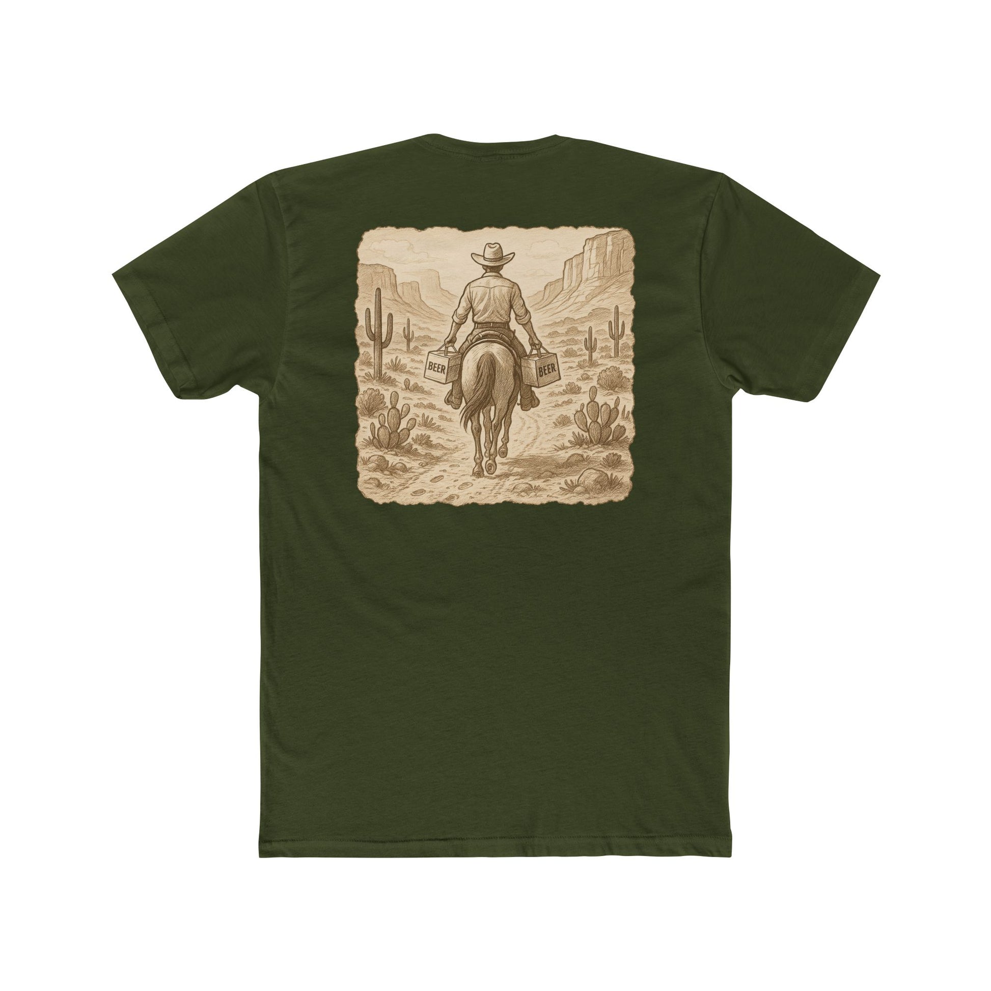 Military Green t-shirt with graphic of cowboy riding a horse through the desert holding two twelve packs of beer #militarygreen