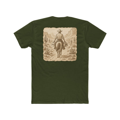 Military Green t-shirt with graphic of cowboy riding a horse through the desert holding two twelve packs of beer #militarygreen