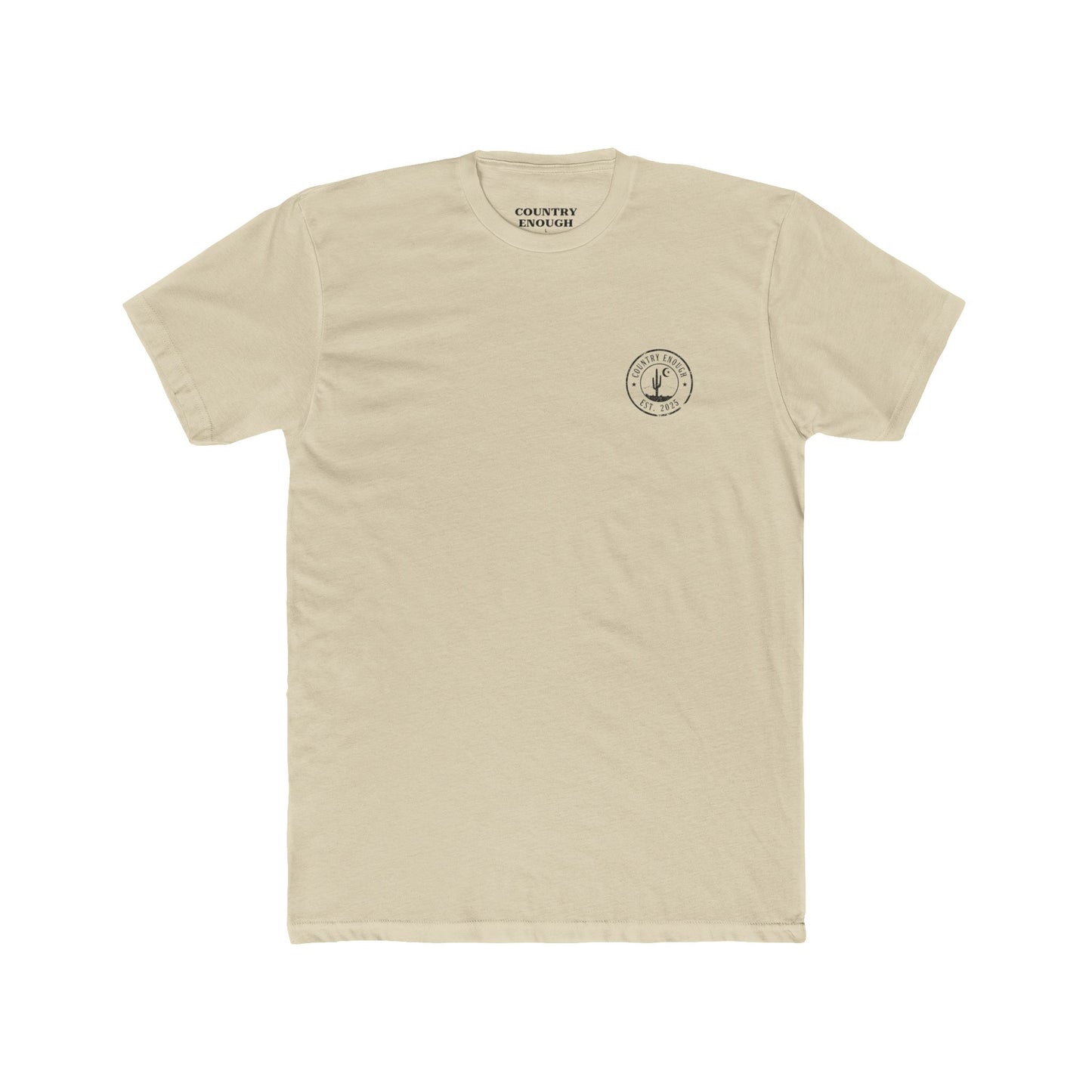 Cream t-shirt with graphic of mountains, cacti, and moon and star over a desert landscape with words country enough #cream