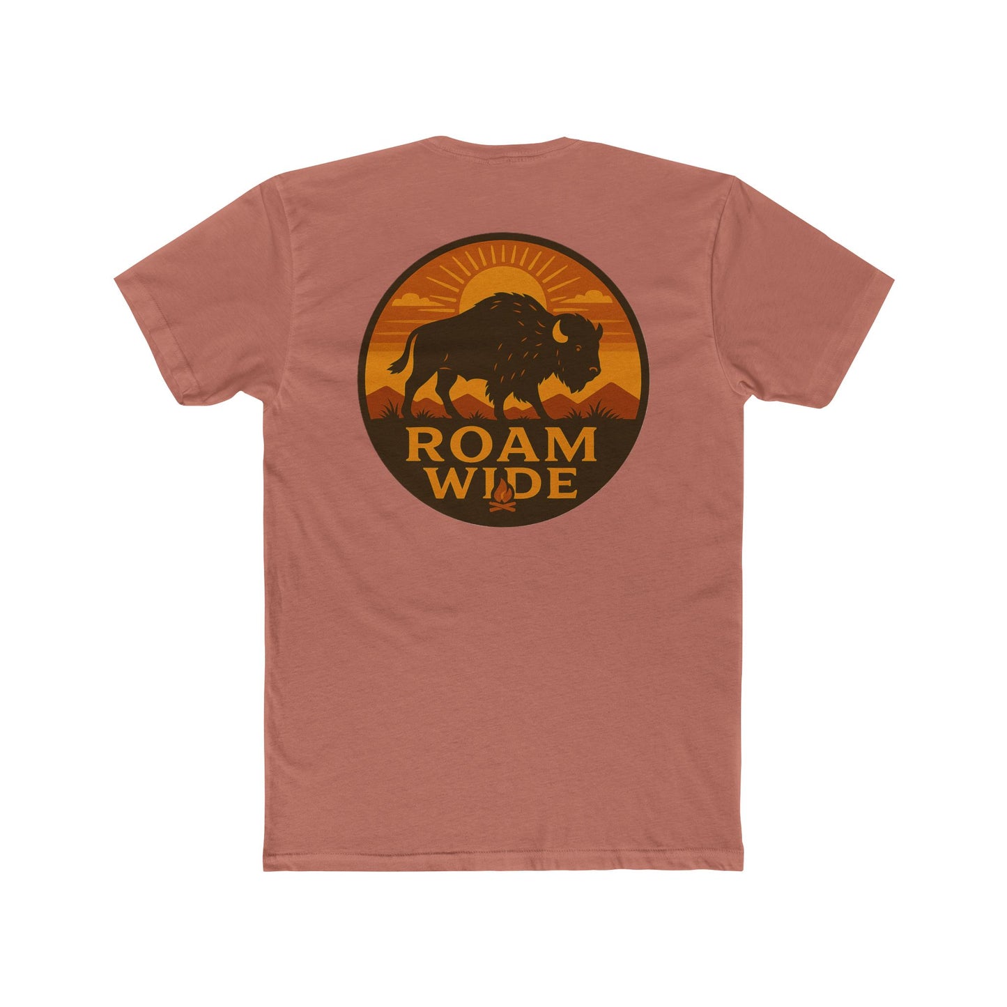 Desert Pink t-shirt with circular graphic with a bison, mountains, campfire, sun shining, and the words roam wide #desertpink