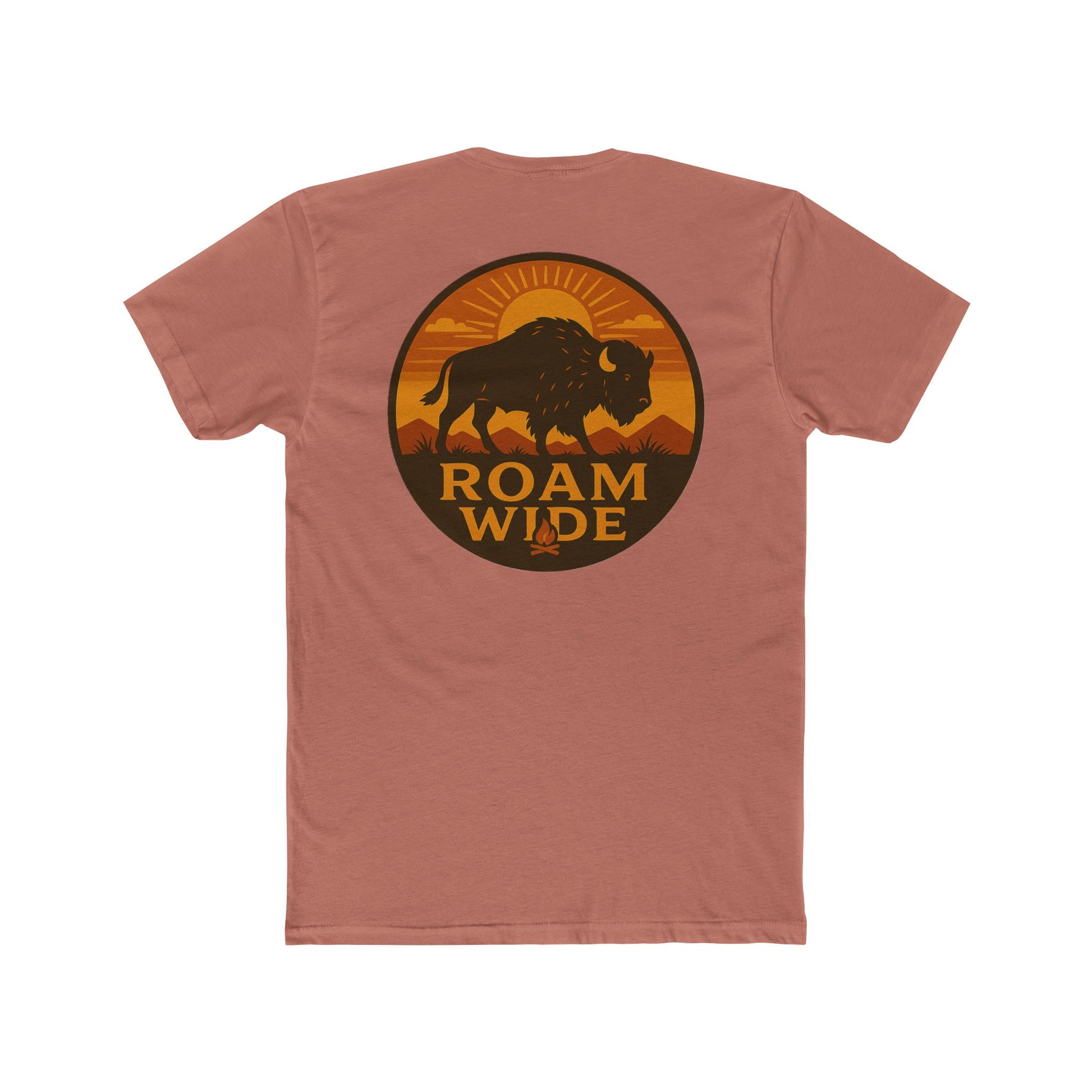 Desert Pink t-shirt with circular graphic with a bison, mountains, campfire, sun shining, and the words roam wide #desertpink