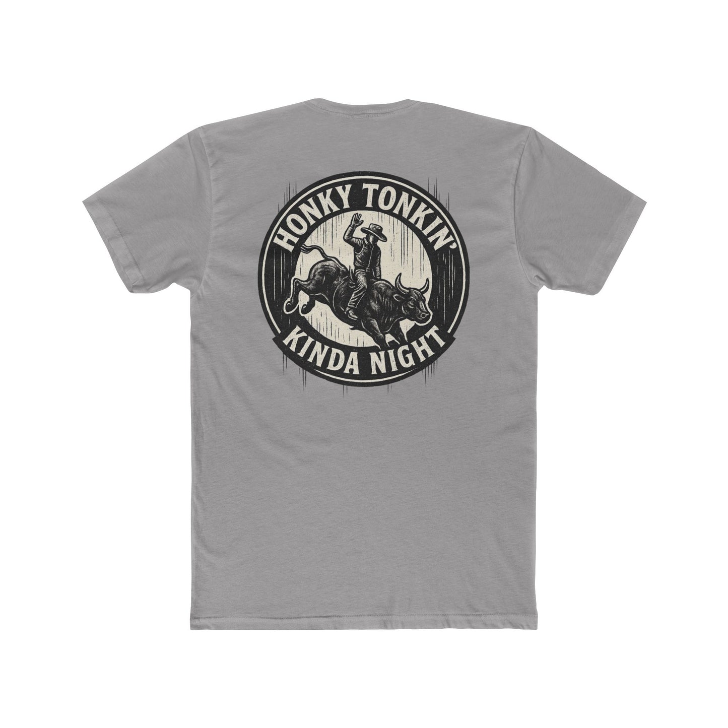 Gray t-shirt with circular graphic of a bucking bull with rider and the phrase honky tonkin' kind night #gray