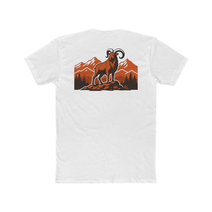 White t-shirt with graphic of an aoudad in the mountains #white