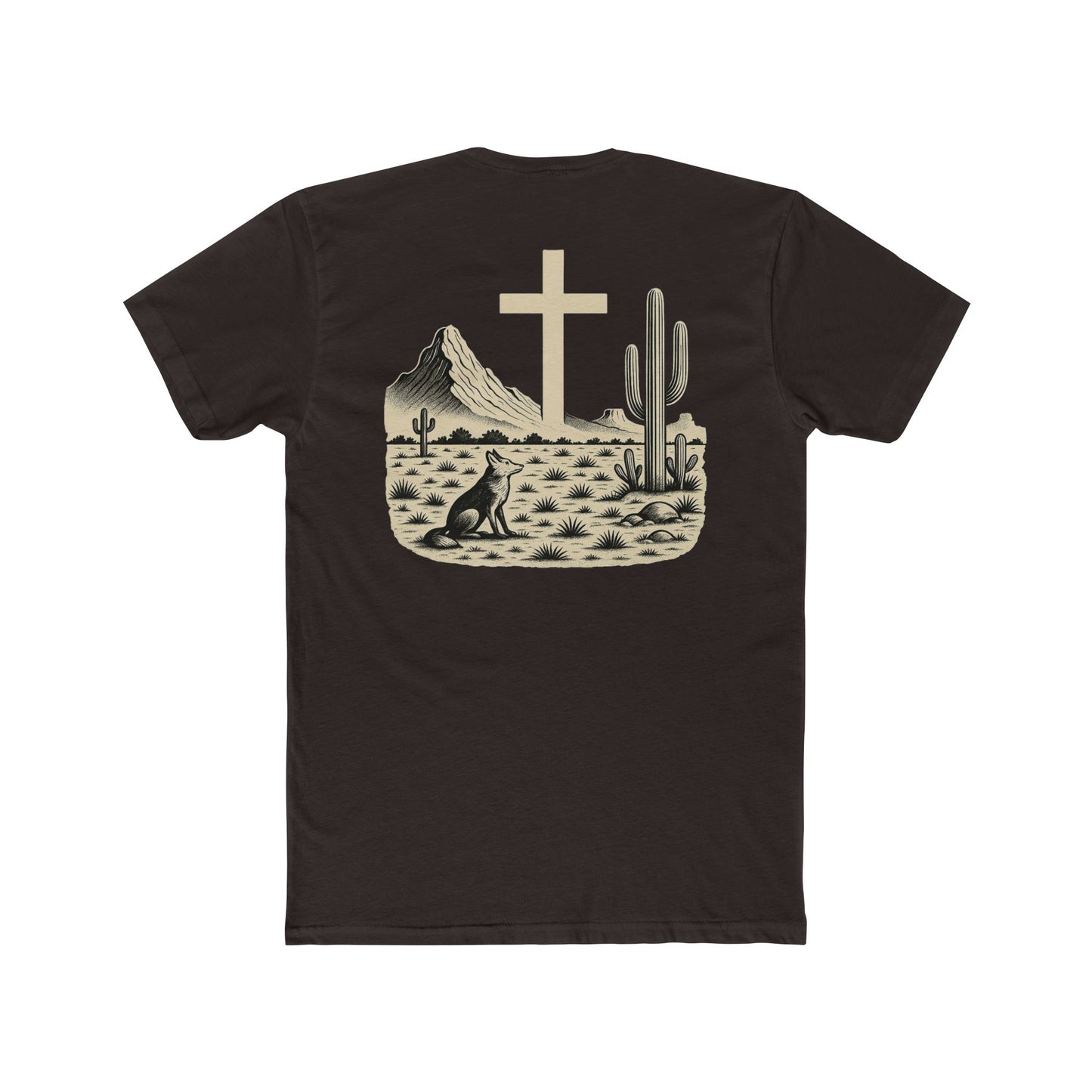 Dark Brown t-shirt with western landscape, cacti, wolf, mountains, and cross centerpiece #darkbrown
