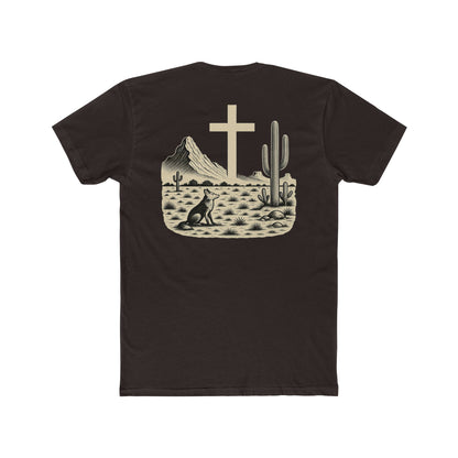 Dark Brown t-shirt with western landscape, cacti, wolf, mountains, and cross centerpiece #darkbrown