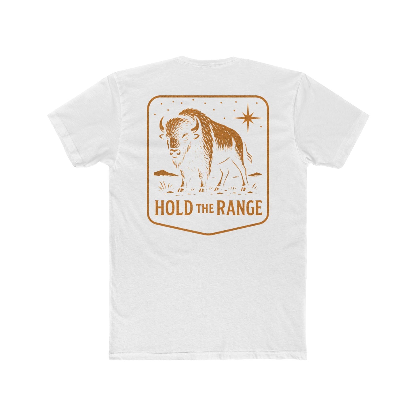 White T-Shirt with a bison, starry sky, and the words hold the range encompassed with a geometric border #white