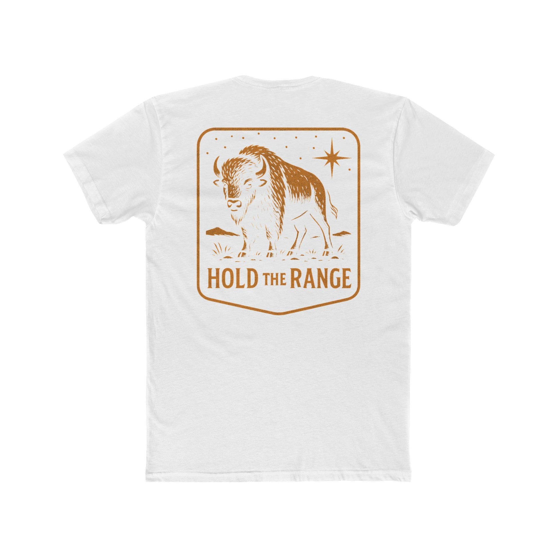 White T-Shirt with a bison, starry sky, and the words hold the range encompassed with a geometric border #white