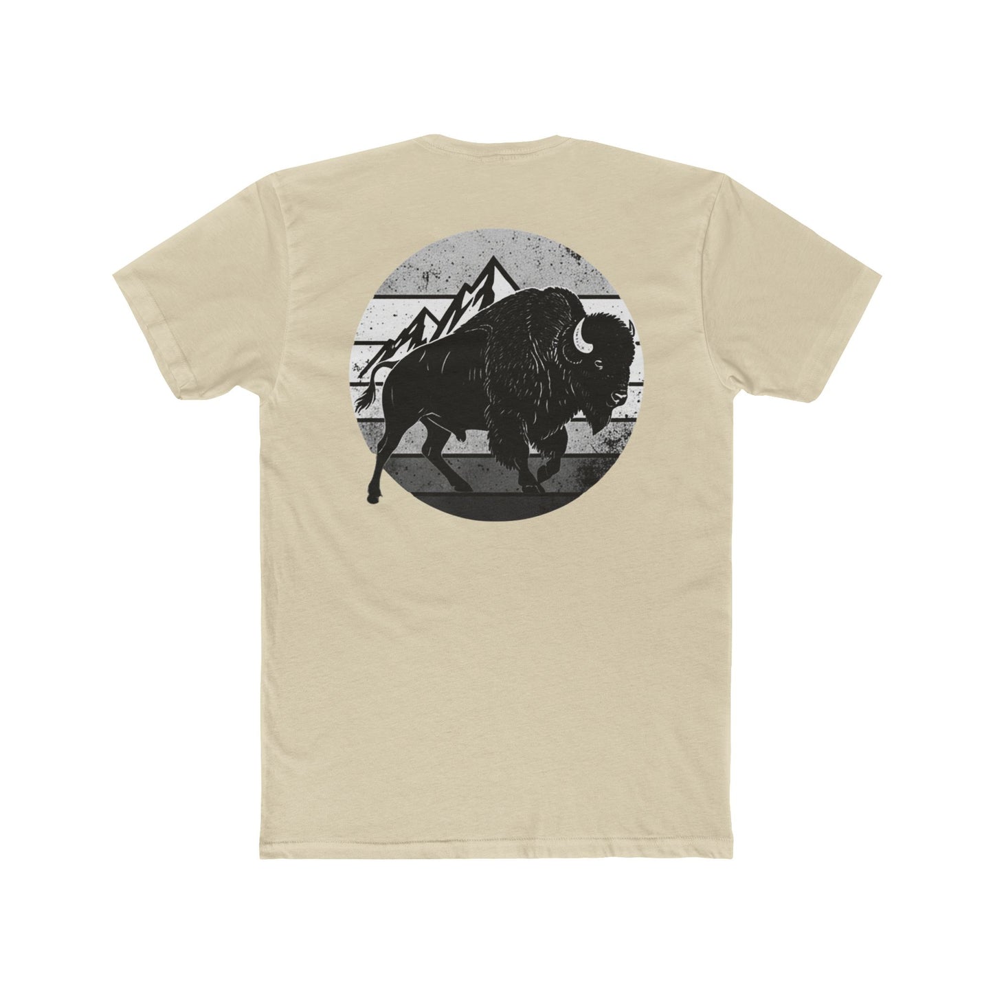 Cream t-shirt with a black and gray graphic of a bison and mountains #cream