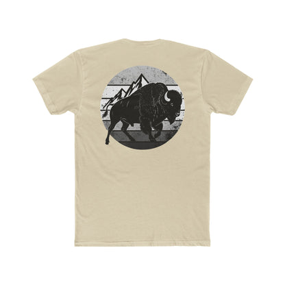 Cream t-shirt with a black and gray graphic of a bison and mountains #cream