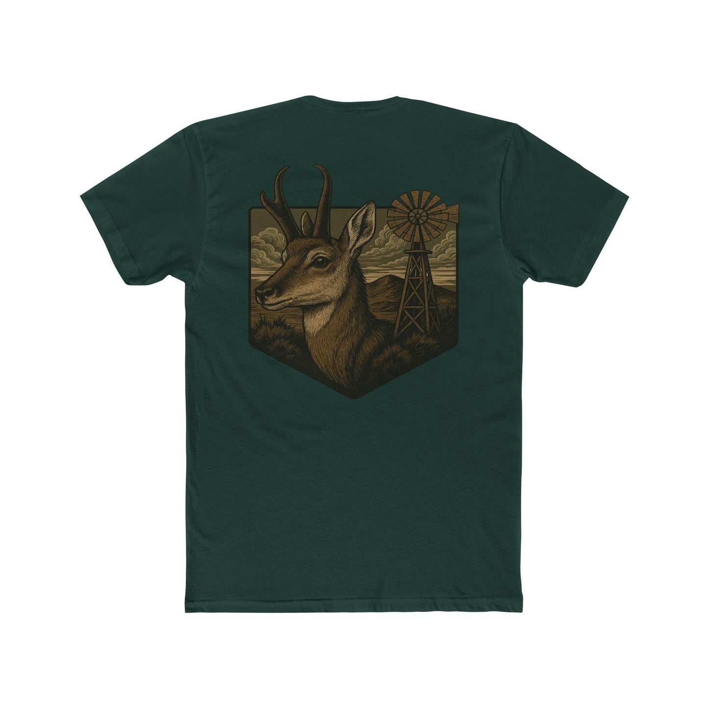 Forest Green t-shirt with graphic of pronghorn and windmill over an open range #forestgreen