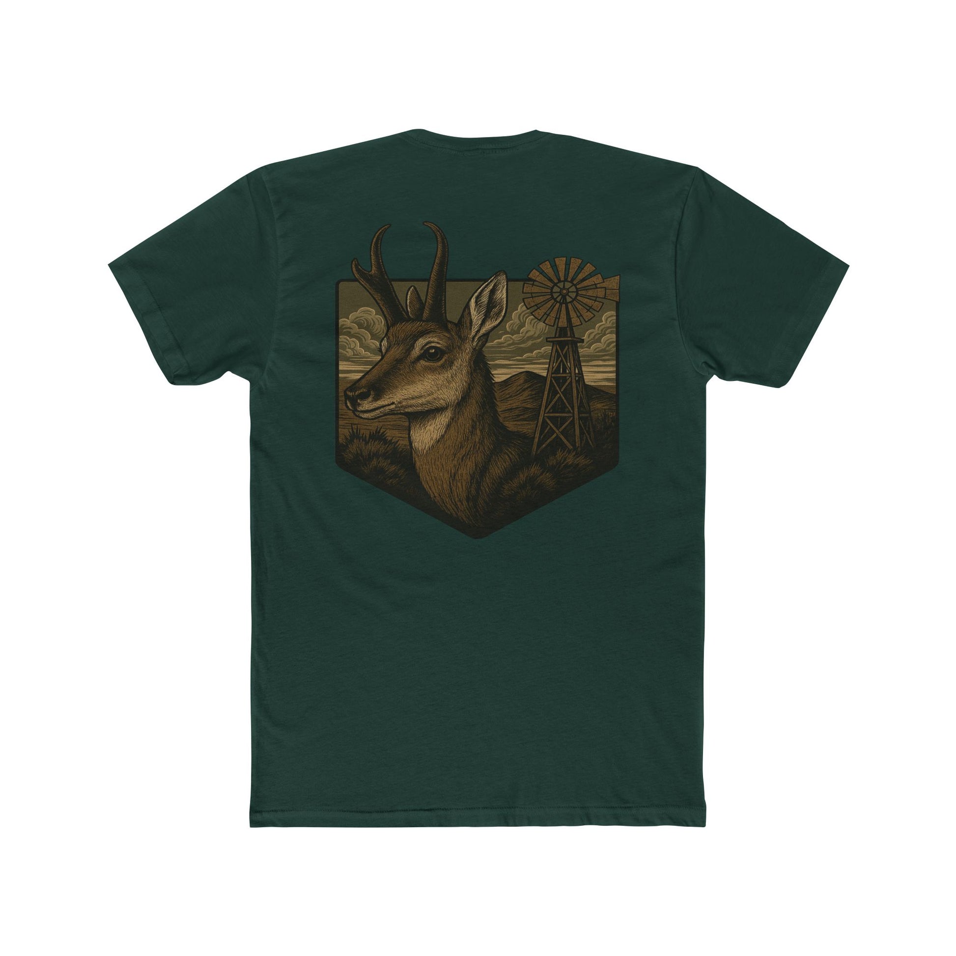 Forest Green t-shirt with graphic of pronghorn and windmill over an open range #forestgreen