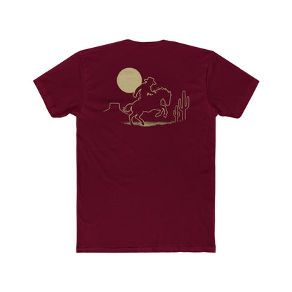 Cardinal Red t-shirt featuring mountains, cactus, horse and rider, and a full moon. #cardinalred