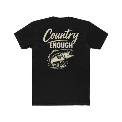 Black t-shirt with graphic of a leaping bass and the words country enough #black