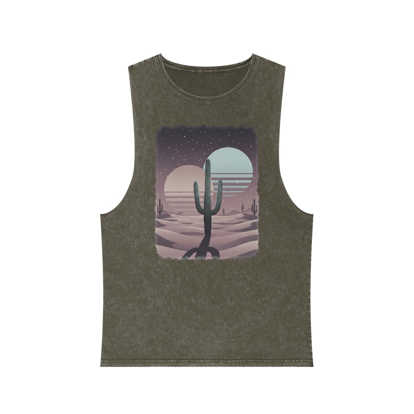 Moss Stone distressed wash tank top with a sun, moon, and cacti across a desert landscape graphic #mossstone