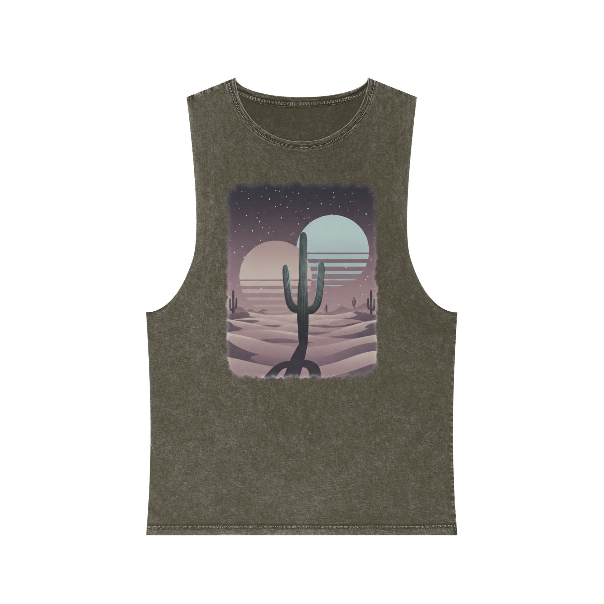 Moss Stone distressed wash tank top with a sun, moon, and cacti across a desert landscape graphic #mossstone