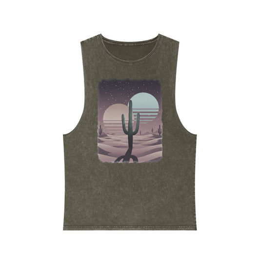 Moss Stone distressed wash tank top with a sun, moon, and cacti across a desert landscape graphic #mossstone