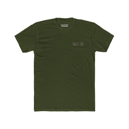 Military Green T-Shirt with graphic of desert landscape, eagle, bull skull, cacti, scorpion, sun, and words hold the range #militarygreen