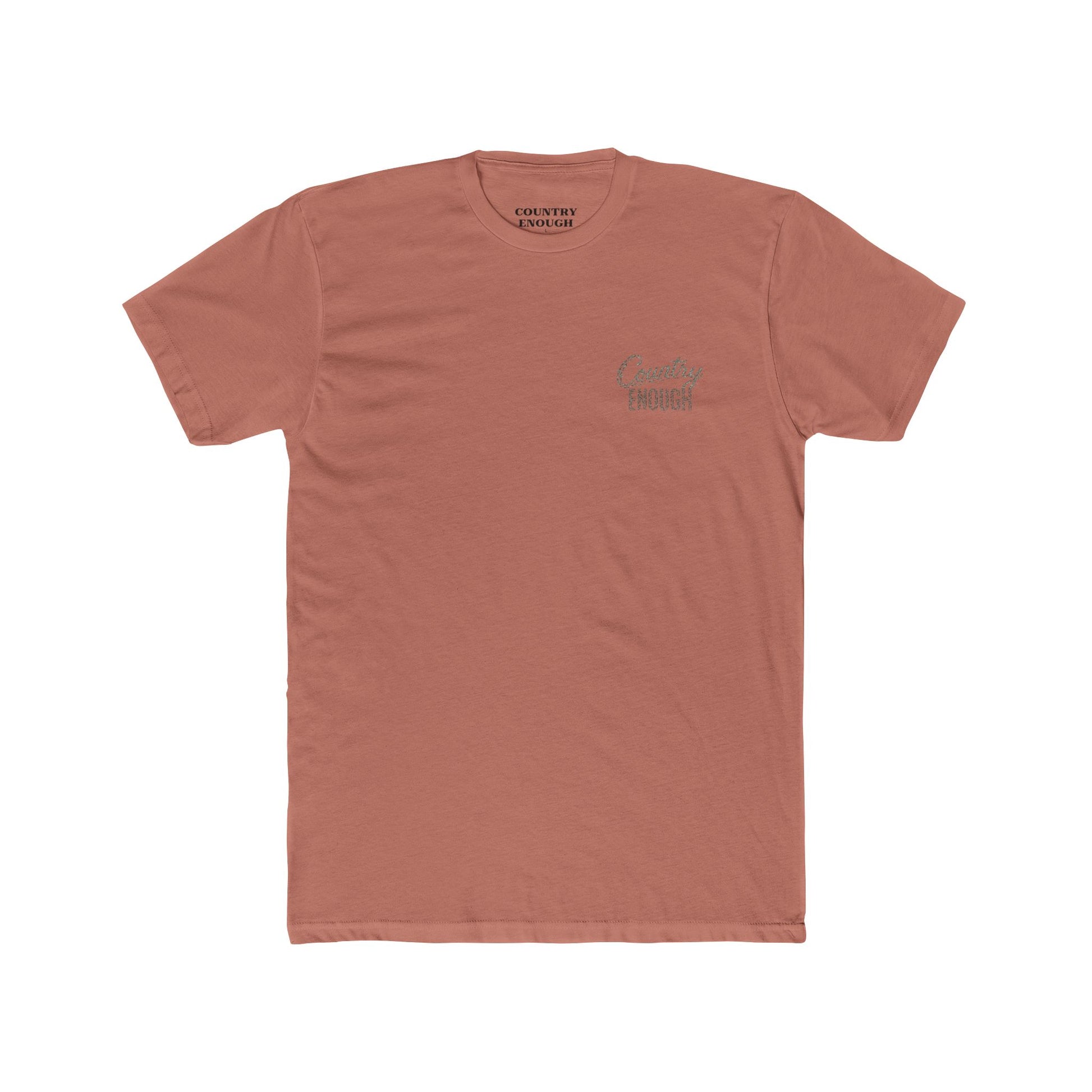 Desert Pink t-shirt with graphic of the words country enough shaped with fish #desertpink