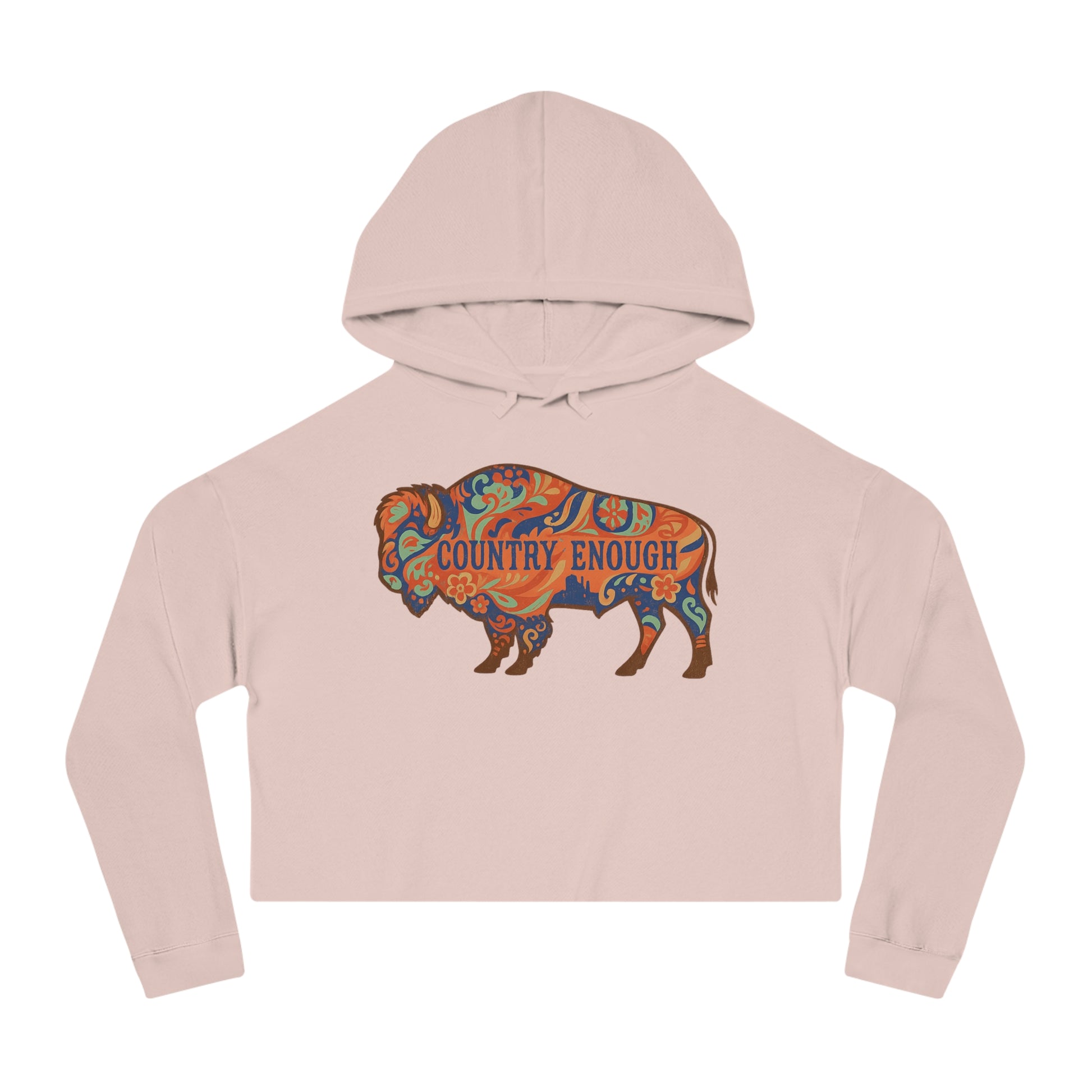 Pale Pink crop hoodie with floral bison graphic and country enough text #palepink