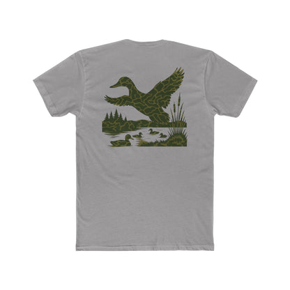 Gray t-shirt with flying & swimming ducks in a full camo marsh scene #gray