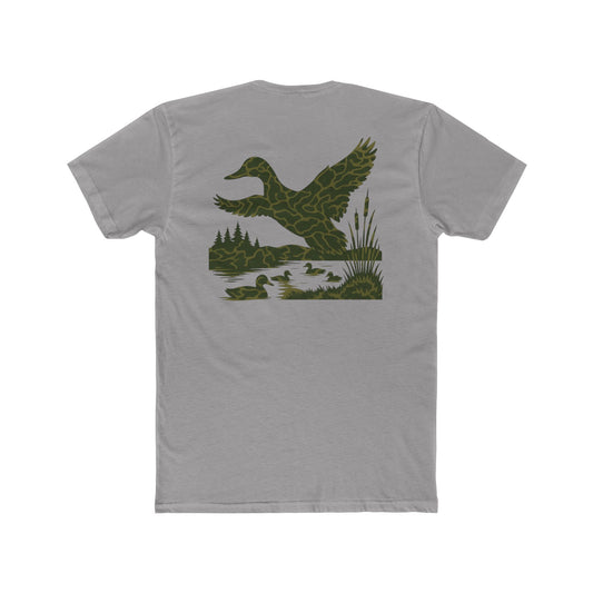 Gray t-shirt with flying & swimming ducks in a full camo marsh scene #gray