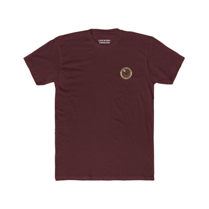Maroon t-shirt featuring mountains, cactus, horse and rider, and a full moon. #maroon