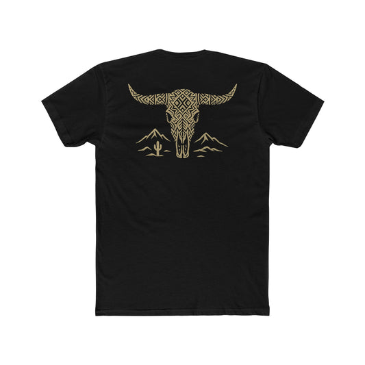 Black t-shirt with graphic of a aztec pattern in the shape of a bull skull, mountains, and a lone cactus #black