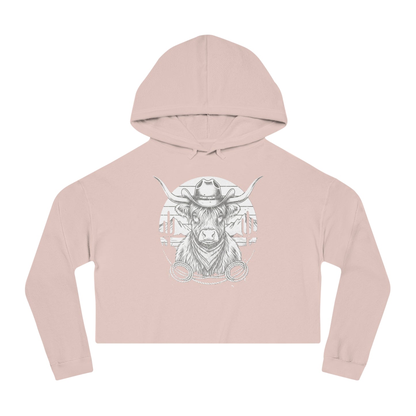 Pale Pink hoodie with white highland cow and desert landscape graphic design on a white background #palepink