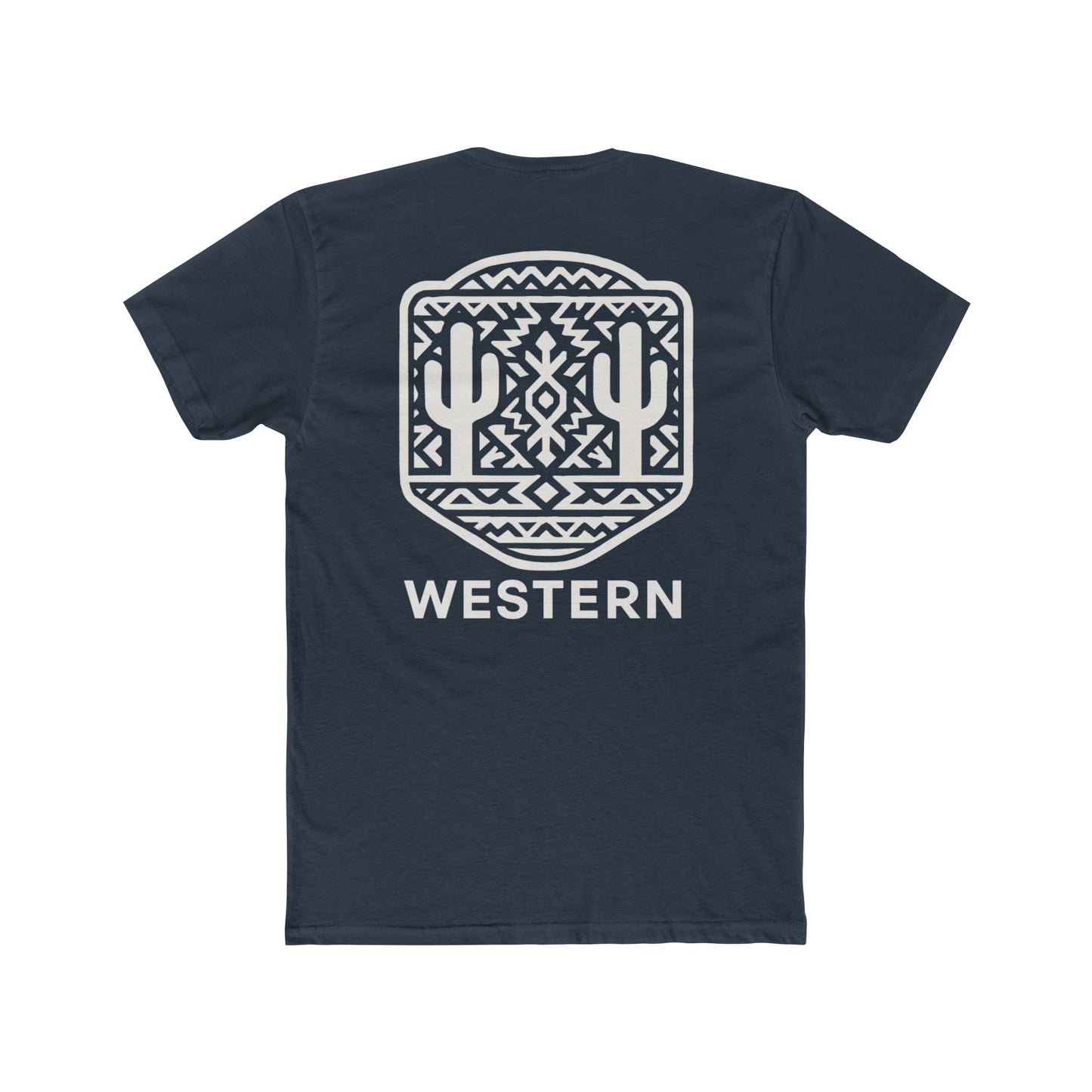 Indigo t-shirt with aztec pattern and cacti inside a geometric border with word western across the bottom #indigo