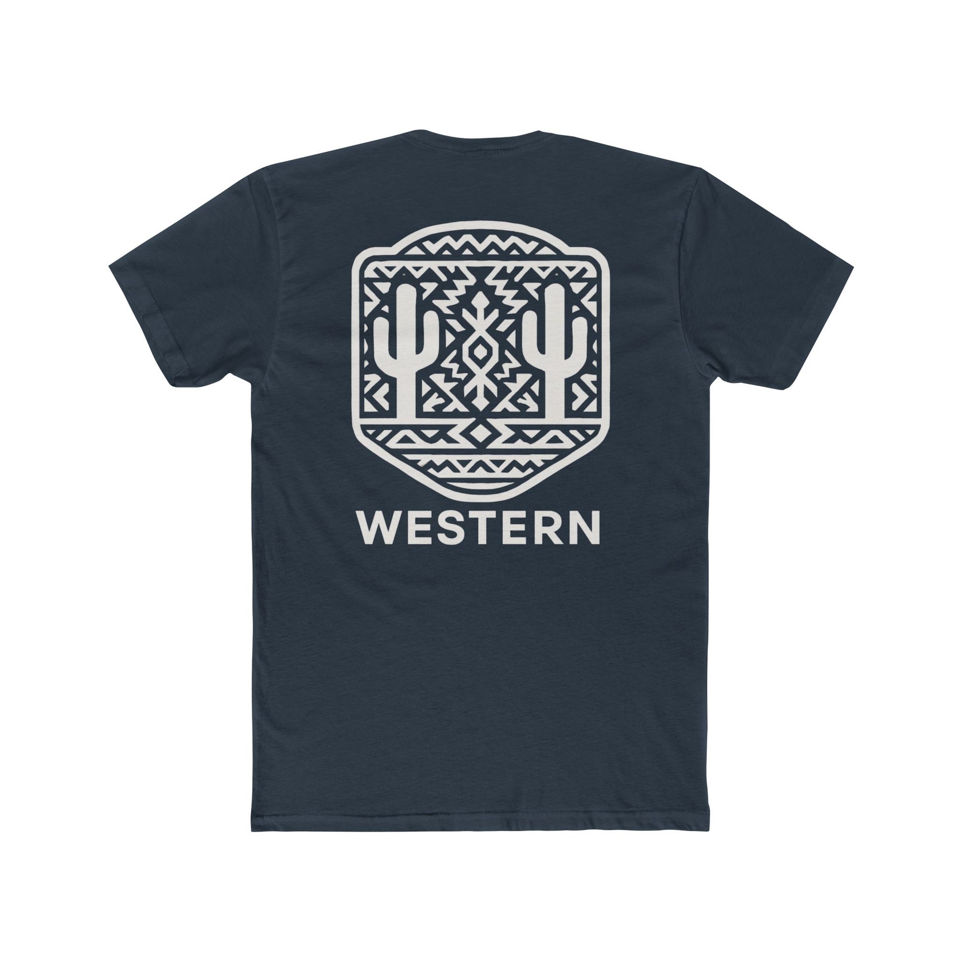 Indigo t-shirt with aztec pattern and cacti inside a geometric border with word western across the bottom #indigo