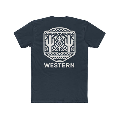 Indigo t-shirt with aztec pattern and cacti inside a geometric border with word western across the bottom #indigo