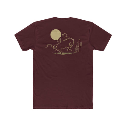 Maroon t-shirt featuring mountains, cactus, horse and rider, and a full moon. #maroon