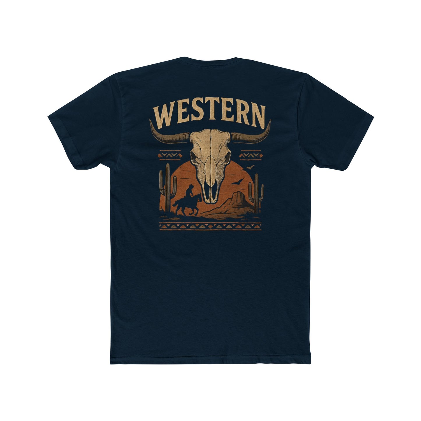 Midnight Navy t-shirt with longhorn skull, aztec print, desert landscape, cacti, and cowboy silhouette with word Western across the top #midnightnavy