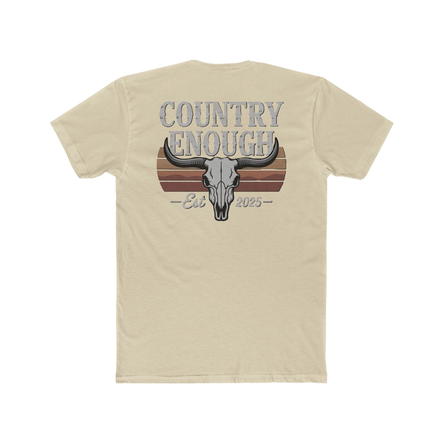 Cream t-shirt with vintage retro graphic of a bull skull and words country enough EST 2025 #cream