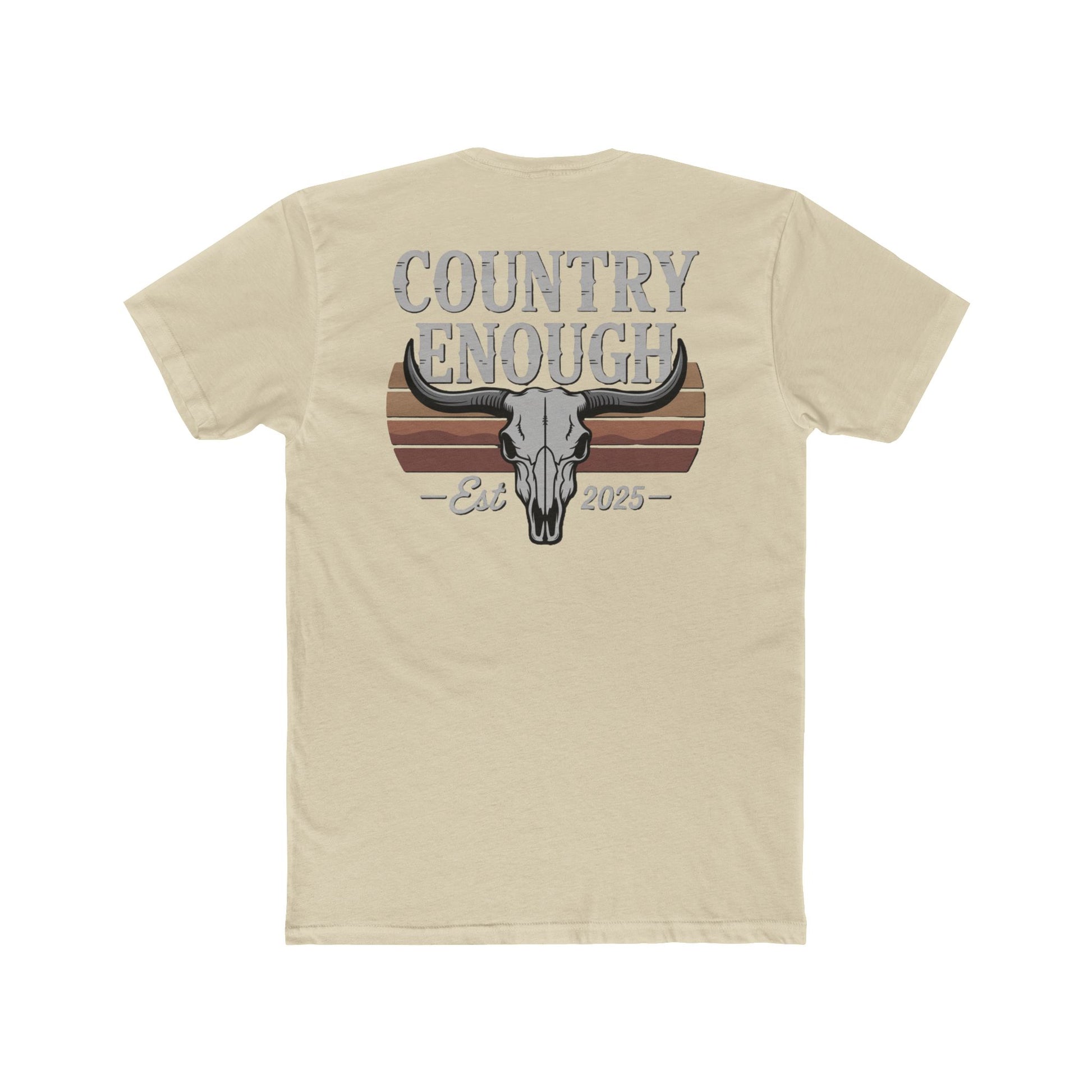 Cream t-shirt with vintage retro graphic of a bull skull and words country enough EST 2025 #cream
