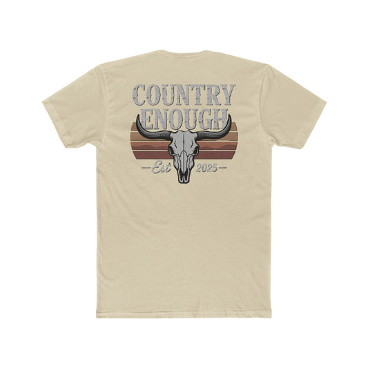 Cream t-shirt with vintage retro graphic of a bull skull and words country enough EST 2025 #cream