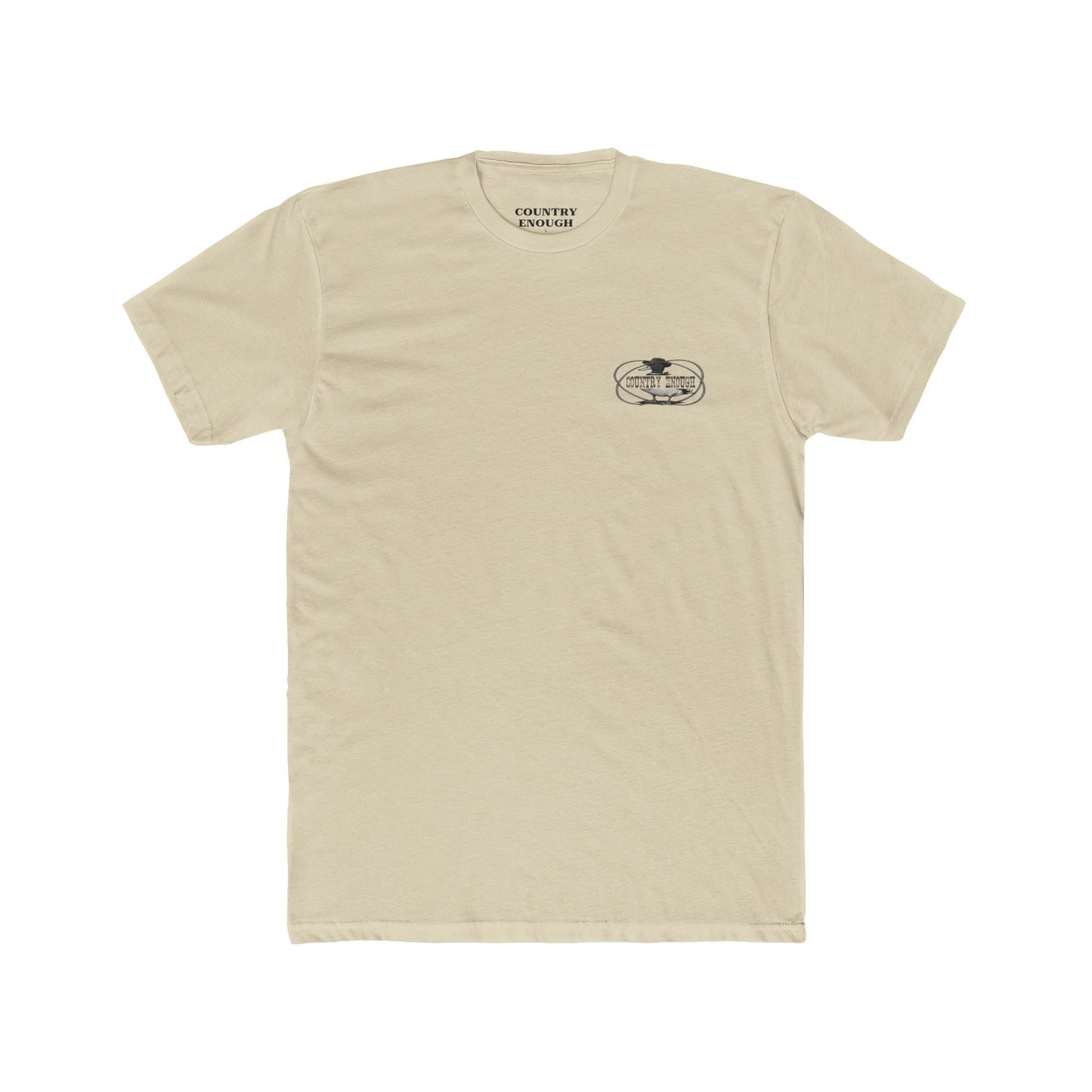 Cream t-shirt with a graphic of a duck wearing a cowboy hat and bandana with rope border and the words you missed #cream