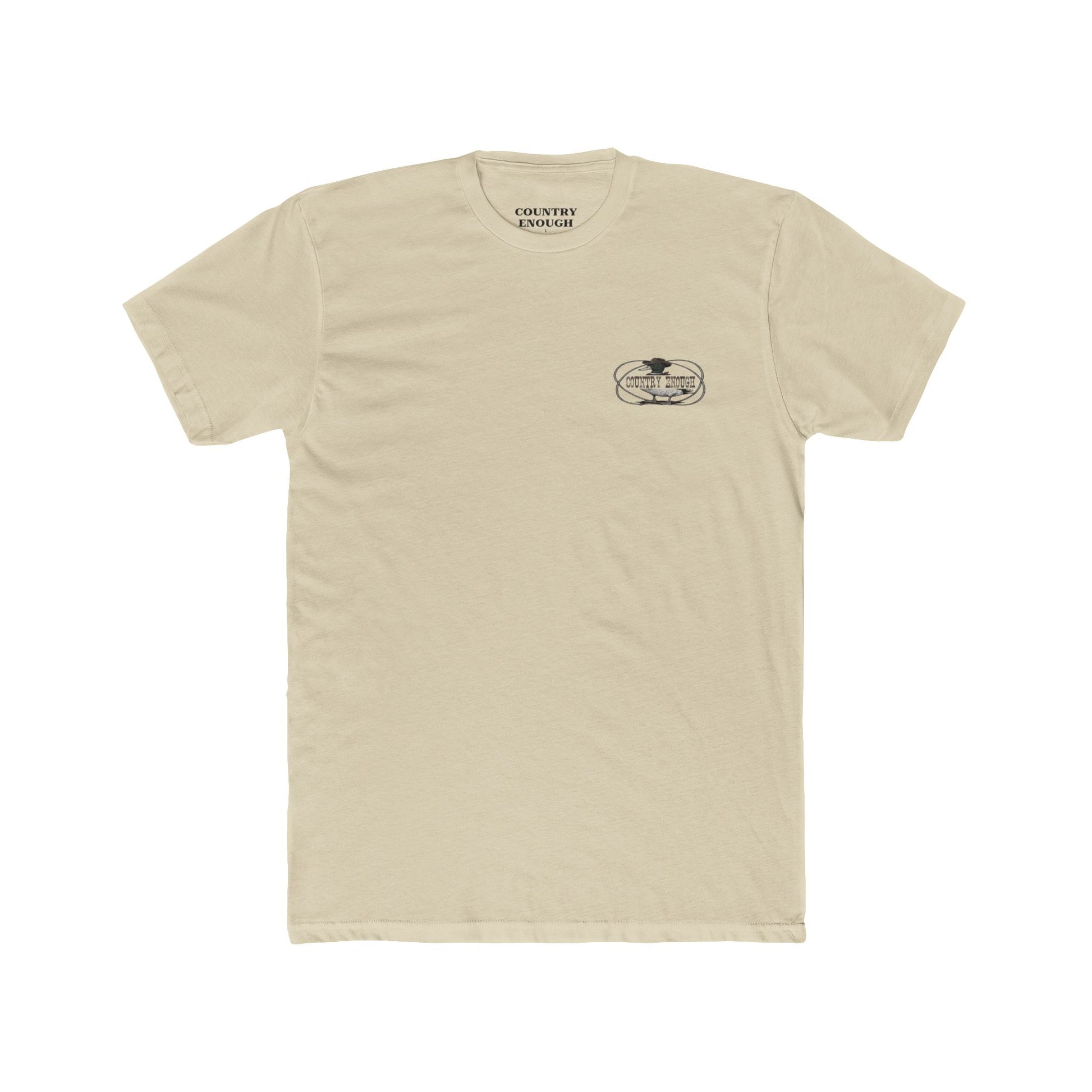 Cream t-shirt with a graphic of a duck wearing a cowboy hat and bandana with rope border and the words you missed #cream