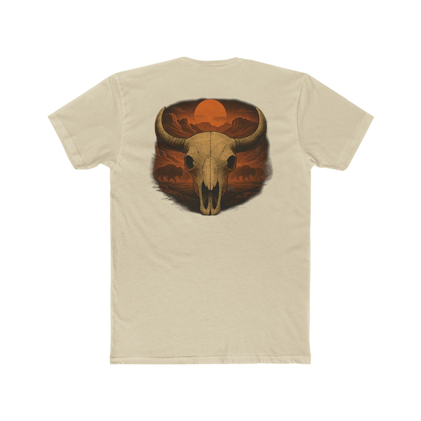 Cream t-shirt with graphic of bison skull, bison silhouettes, valley landscape, and a sun #cream