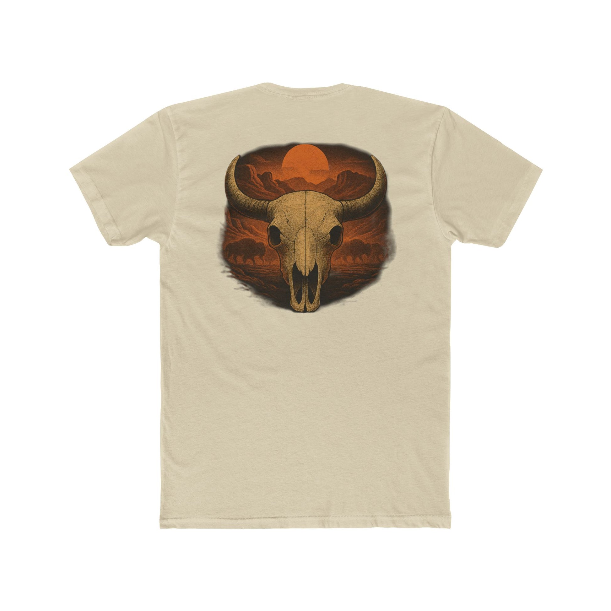 Cream t-shirt with graphic of bison skull, bison silhouettes, valley landscape, and a sun #cream