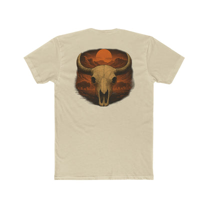 Cream t-shirt with graphic of bison skull, bison silhouettes, valley landscape, and a sun #cream