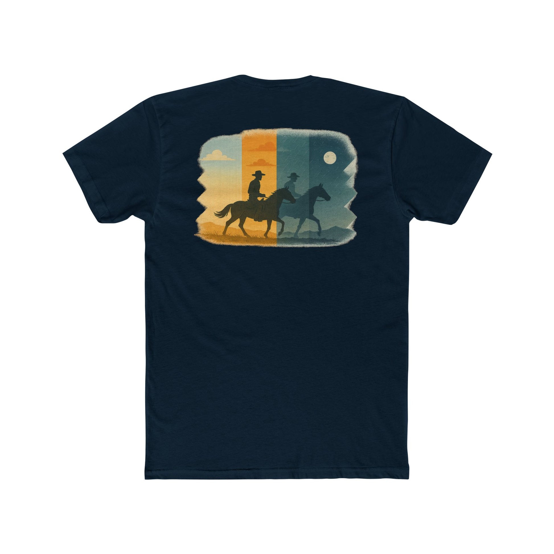 Midnight Navy t-shirt with graphic of cowboy riding through a desert landscape at different times of the day #midnightnavy