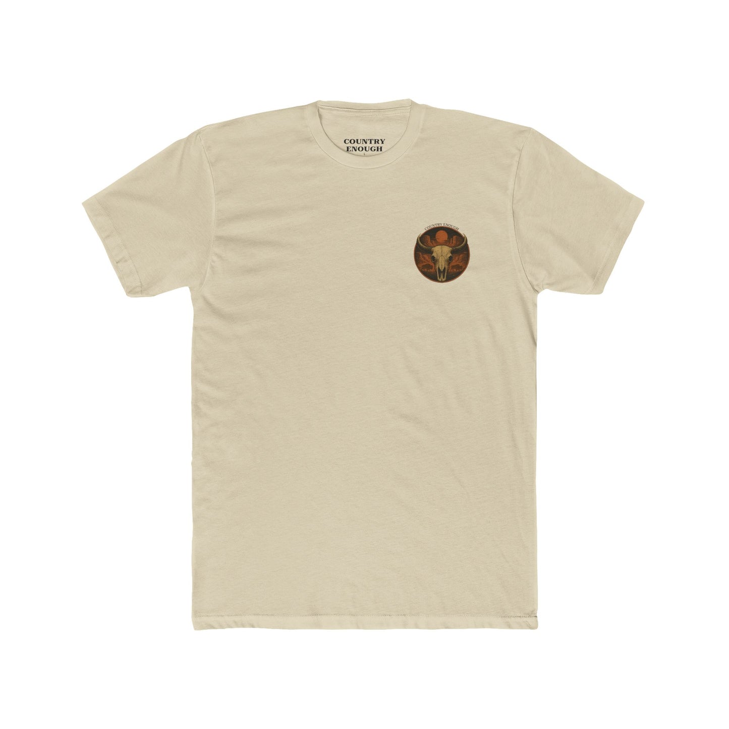 Cream t-shirt with graphic of bison skull, bison silhouettes, valley landscape, and a sun #cream