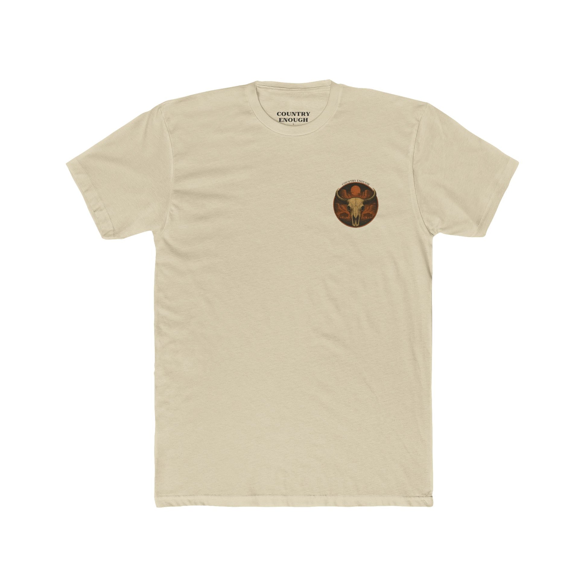 Cream t-shirt with graphic of bison skull, bison silhouettes, valley landscape, and a sun #cream