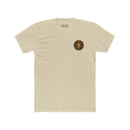 Cream t-shirt with graphic of bison skull, bison silhouettes, valley landscape, and a sun #cream