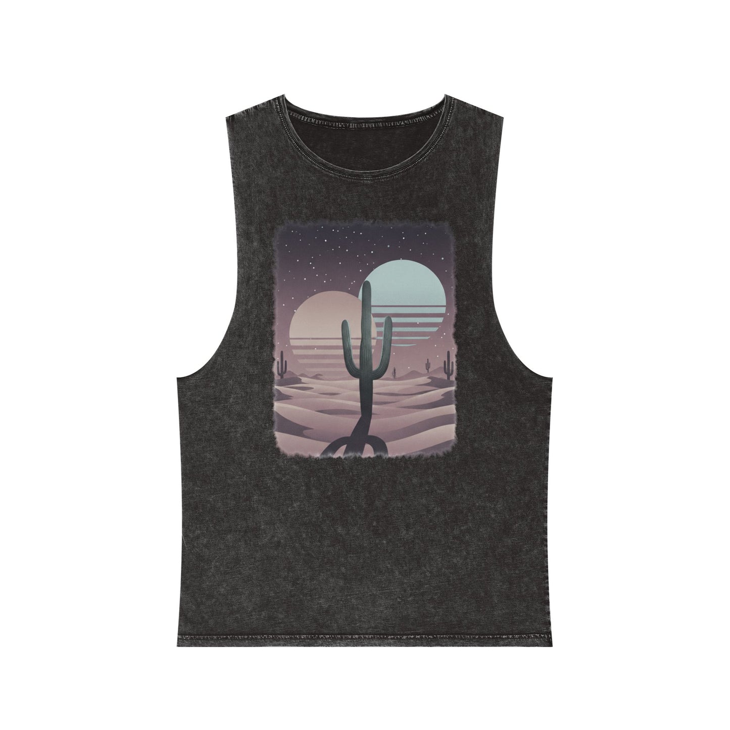 Black Stone distressed wash tank top with a sun, moon, and cacti across a desert landscape graphic #blackstone
