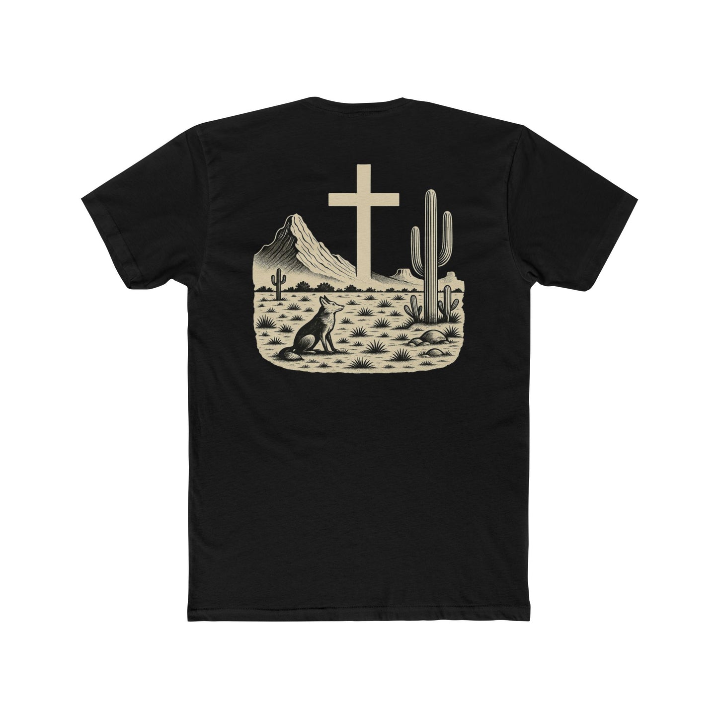 Black t-shirt with western landscape, cacti, wolf, mountains, and cross centerpiece #black