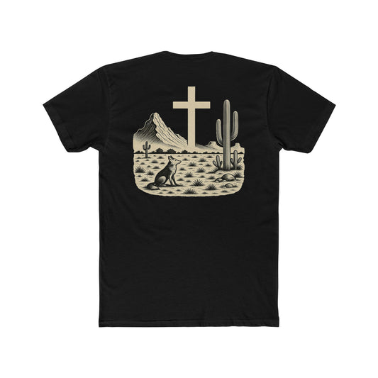 Black t-shirt with western landscape, cacti, wolf, mountains, and cross centerpiece #black