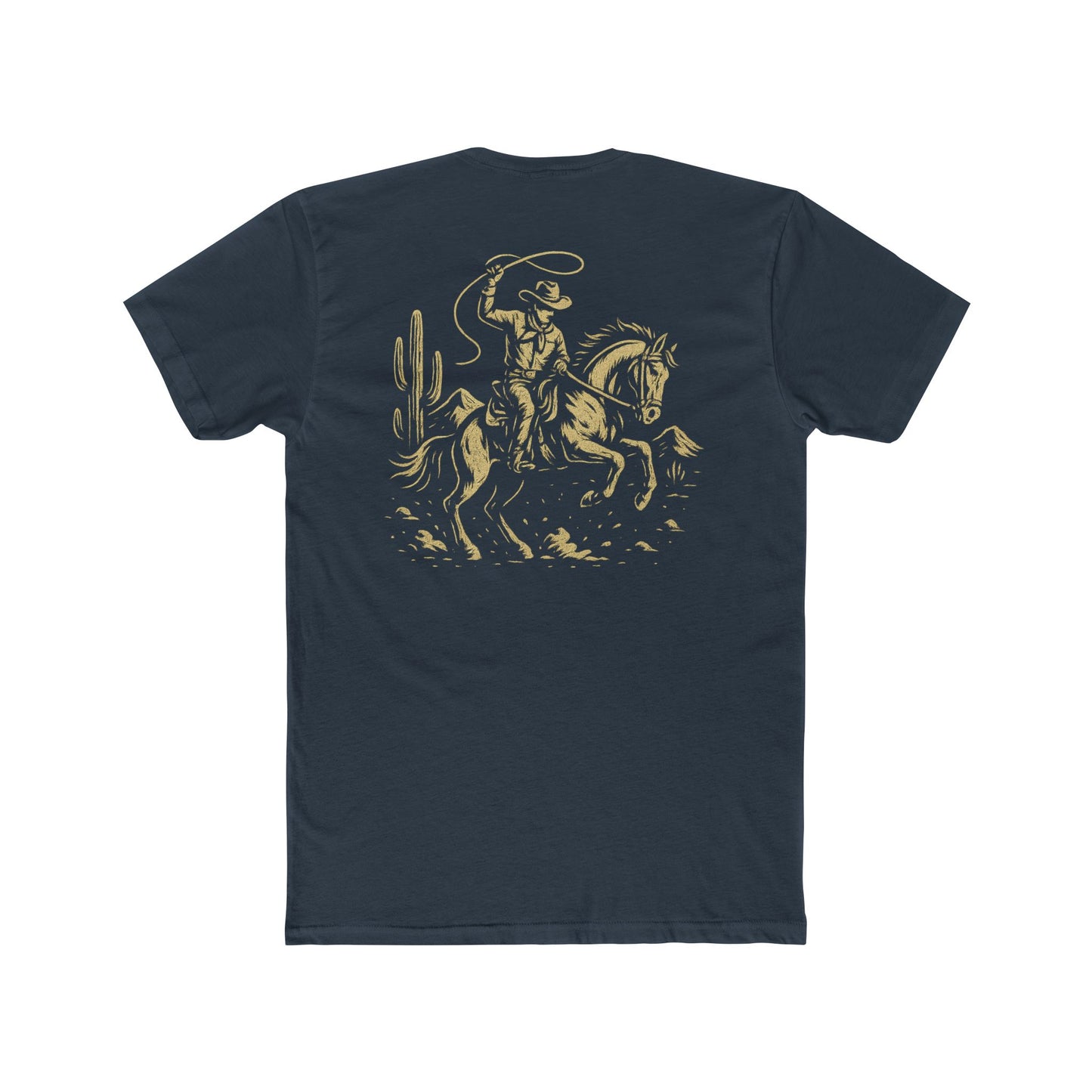 Indigo t-shirt with graphic of monochrome horse rider, lasso, and western landscape #indigo